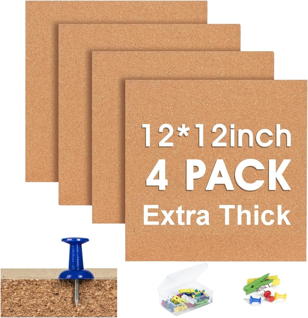 4 Pack Extra Thick 12x12 Inches Cork Board Tiles for Home Office Decor (Brown)